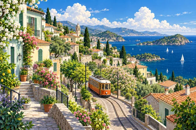 An illustrated coastal town with an orange tram and blue sea